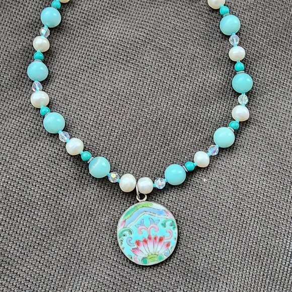 Etsy Hand Painted Pastel Floral Medallion Beaded Necklace - Picture 4 of 13